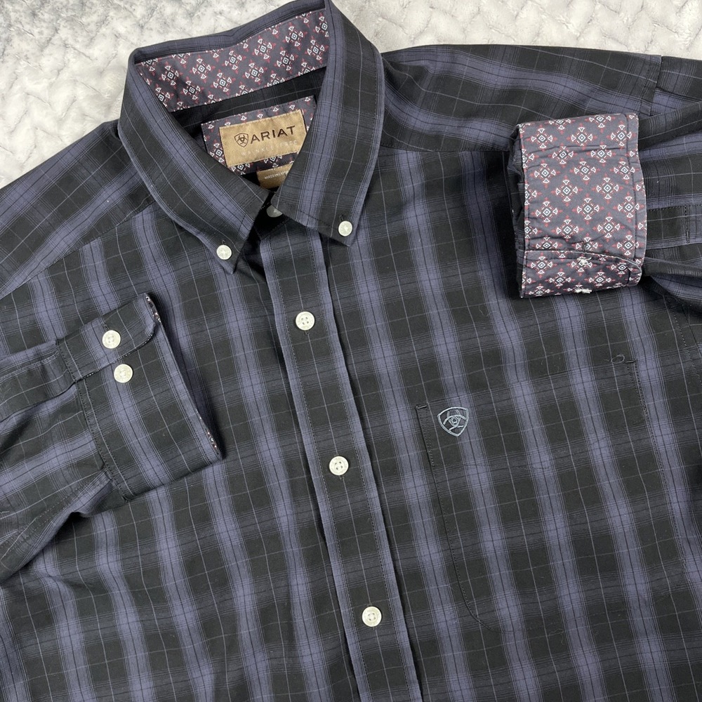 Ariat Dress Shirt Mens M Black Plaid Long Sleeve Flip Cuff Western Cowboy Rodeo